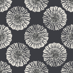 Modern abstract aster flower seamless pattern background. Geometric repeat with white black fall florals on light backdrop. Botanical lino print style design. Simple monochrome nature garden print