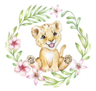 Cute lion cub  in tropical plants, leaves and flowers isolated on white background. Lion baby. African animals. Safari. Illustration. Template. Hand drawn. Greeting card design. Clip art.