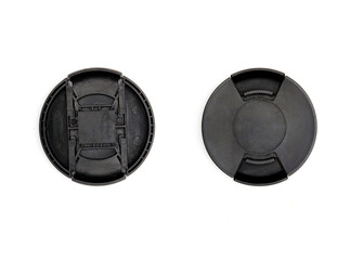 Top view of camera lens cap isolated on white background.