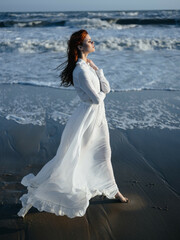Fototapeta na wymiar pretty woman in white dress beach ocean lifestyle luxury