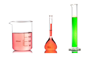 A set of laboratory glassware isolated on white background	
