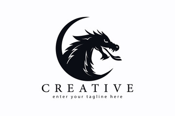 Logo design template, dragon head with silhouette, fire dragon head
