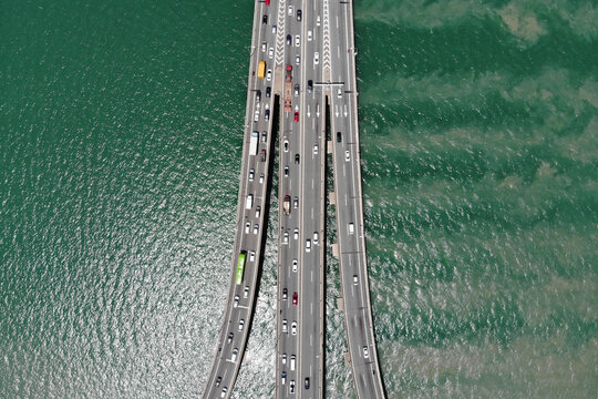 Aerial top-down view of Penang Bridge, Malaysia.