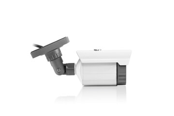 Side view of modern white outdoor security camera, isolated