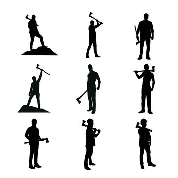  Silhouette Of Lumberjack With Ax Set