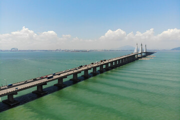 Penang Bridge from an aerial perspective. A 13.5KM length dual carriageway bridge in the state of Penang, Malaysia. - obrazy, fototapety, plakaty