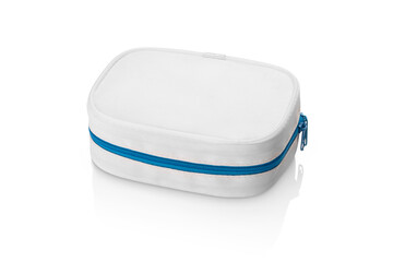 Closed white toilet bag with blue zipper, isolated