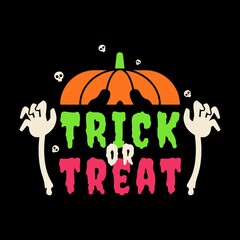 Trick or treat lettering with pumpkin, skull and hand background vector design