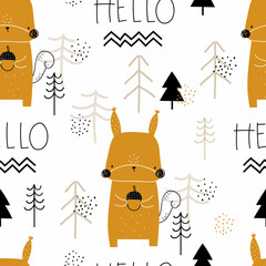 Vector hand-drawn colored childrens seamless repeating pattern with cute squirrel, trees, lettering on a white background. Trendy kids forest texture for fabric, wrapping, textile, wallpaper, apparel.