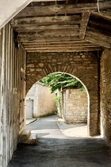 old porch and street in chablis  french city