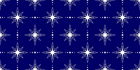 Christmas seamless pattern with stars. Blue background. Vintage template for fabric or wrapping. Textile design. Stylish background for cards. Seamless pastel pattern. Christmas ornament.