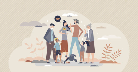 Happy family as joy moment with all relatives together tiny person concept. Grandparents, children, dog and adult couple quality time together vector illustration. Member and characters togetherness.