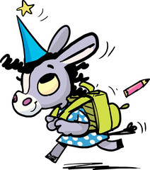 little girl donkey rushes to school with a school bag 