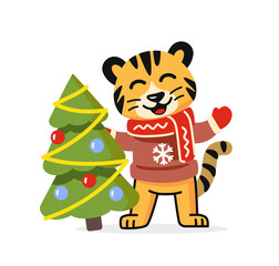 Symbol of 2022. New Year card Tiger with Christmas tree.