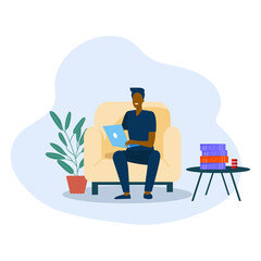 Happy with computer at home. Young man sitting in sofa and using laptop flat illustration
