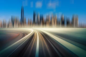 Fotobehang New York Futuristische scène Bewegingsonscherpte beweging tussen verhoogde treinlijn over de spoorlijn met gebouw aan de Loop-lijn in New York City, VS, innovatie- en technologieconcept  © THANANIT