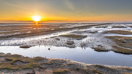 Aerial view over salt marsh plains Wadden Sea