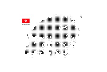 Vector square pixel dotted map of Hong Kong isolated on white background with Hong Kong flag.