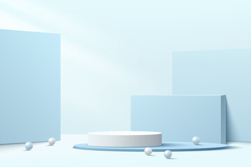 3D vector abstract studio room with pedestal podium. ฺPastel blue and white geometric platform with square backdrop. Minimal scene for demonstration of cosmetic products, Showcase, Promotion display.