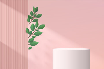 3D vector abstract studio room with pedestal or stand podium. White geometric platform with Green leaf and shadow. Pastel pink scene for cosmetic products presentation, Showcase, Promotion display.