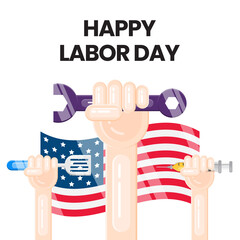 Labor Day poster template.USA Labor Day celebration with American flag, and raise hand with syringe, scoop and wrench. Sale promotion advertising Poster or Banner for Labor Day