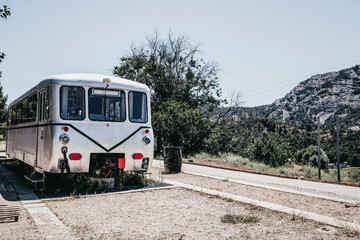 Naklejka premium Old train car of an abandoned train station in the countryside