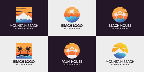 Set bundle of beach logo with mountain, sun, house and palm tree logo design Premium Vector