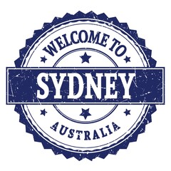 WELCOME TO SYDNEY - AUSTRALIA, words written on blue stamp