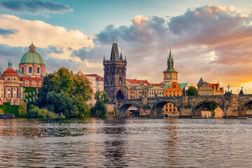 The city of Prague at sunset