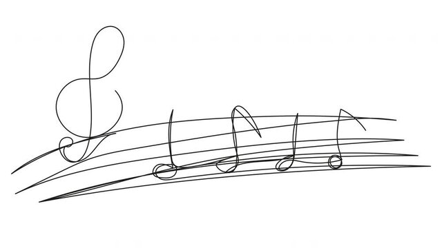 Self-drawing notes and treble clef in one line. Stock abstract video with musical range.