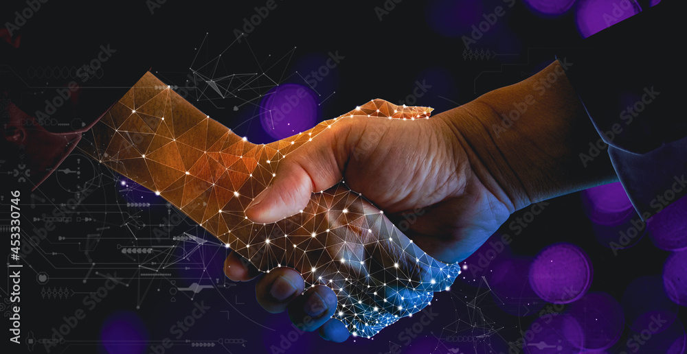 Poster businessman hand shaking with robotic ai hand hologram to confirm with dealing for future business a