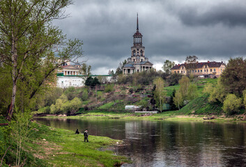 Ancient monasteries of the old town of Torzhok. City towers and spiers. Tver region. Russia.