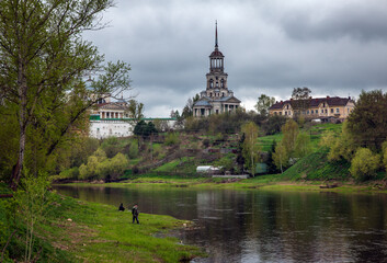 Ancient monasteries of the old town of Torzhok. City towers and spiers. Tver region. Russia.