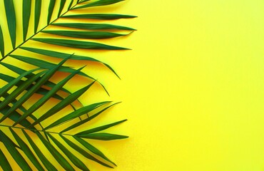 green palm leaves background on yellow color, palm leaf frame - Powered by Adobe