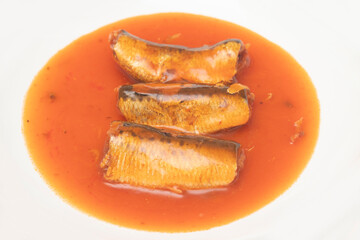 Sardine in tomato sauce on isolated white background.