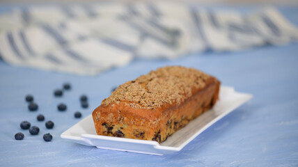 Homemade pound cake with blueberries. Healthy bread with blueberries