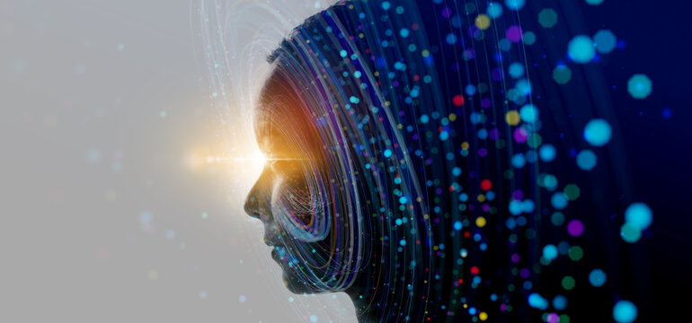 Double exposure of business woman and Big Data concept. Digital neural network.Introduction of artificial intelligence. Cyberspace of future.Science and innovation of technology.
