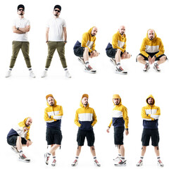 Collage of young males posing in nerdy and hip hop style clothes with rebellious attitude. Full length people isolated on white background