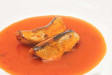 Sardine in tomato sauce on isolated white background.