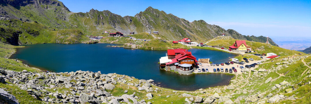 Romania: Lake Balea (Romanian: Balea Lac) from above. The lake is located at the top of the pass on the Transfagaras High Road in the Fagaras Mountains