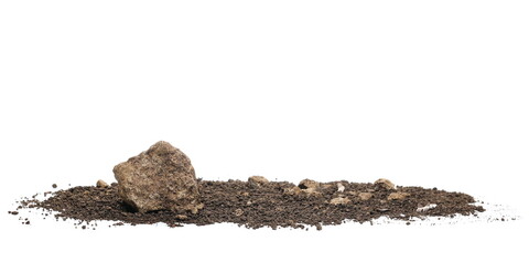 Dirt pile with rocks isolated on white background and texture, side view