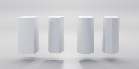White geometric shapes set, rectangle, trapeze, cylinder and octagon. Empty pedestals or podiums, museum stages, exhibit displays 3d render. Blank stands or pillars isolated on grey background - obrazy, fototapety, plakaty