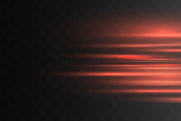 Red horizontal lens flares pack. Laser beams, horizontal light rays.Beautiful light flares. Glowing streaks on dark background. Luminous abstract sparkling lined background.