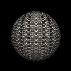An isolated sphere with recursive 3D fractal structures and a dark background.