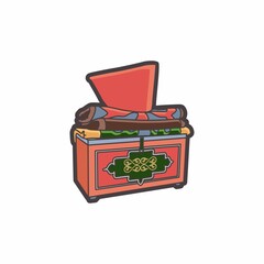 A colorful chest with blankets and a pillow. Central Asian tradition. White background. Vector. ..