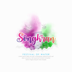 Songkran Thailand water splash festival banner. Thai landmarks as temple, buddha vector illustration.