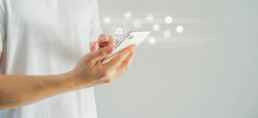 close up adult man hand using mobile banking application on smartphone to transfer or check financial process for technology business and lifestyle concept