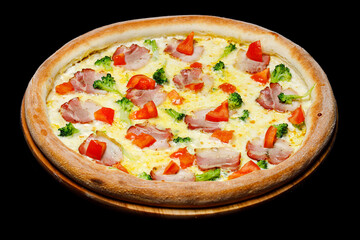 Top view pizza on table top, Flat lay of pizza on black background, Prepared pizza on table for serve
Freshly baked homemade pizza isolated on a black background. View from above