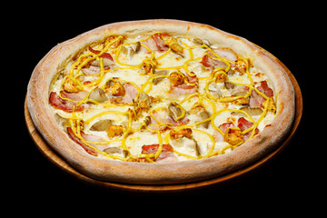 Top view pizza on table top, Flat lay of pizza on black background, Prepared pizza on table for serve
Freshly baked homemade pizza isolated on a black background. View from above