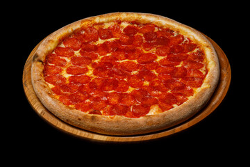 Top view pizza on table top, Flat lay of pizza on black background, Prepared pizza on table for serve
Freshly baked homemade pizza isolated on a black background. View from above